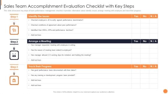 Sales Team Accomplishment Evaluation Checklist With Key Steps Designs PDF