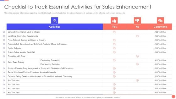 Sales Techniques Playbook Checklist To Track Essential Activities For Sales Enhancement Designs PDF