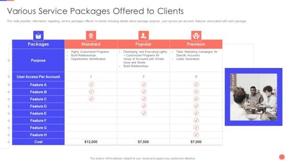 Sales Techniques Playbook Various Service Packages Offered To Clients Infographics PDF