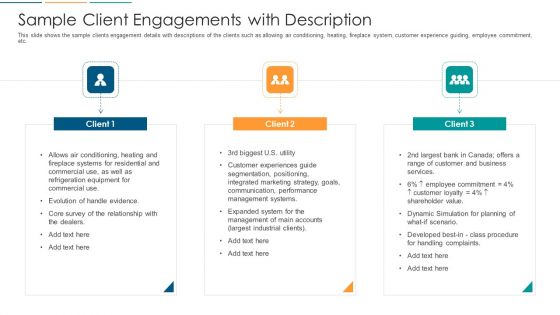 Sample Client Engagements With Description Ppt Infographic Template Grid PDF