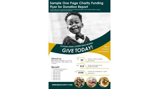 Sample One Page Charity Funding Flyer For Donation Report PDF Document PPT Template