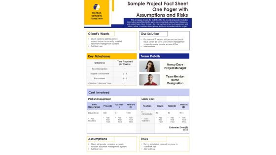 Sample Project Fact Sheet One Pager With Assumptions And Risks PDF Document PPT Template