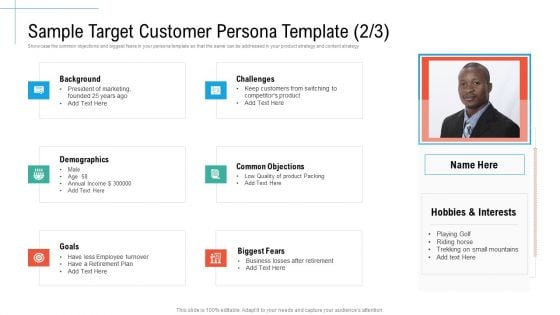 Sample Target Customer Persona Template Goals Initiatives And Process Of Content Marketing For Acquiring New Users Background PDF