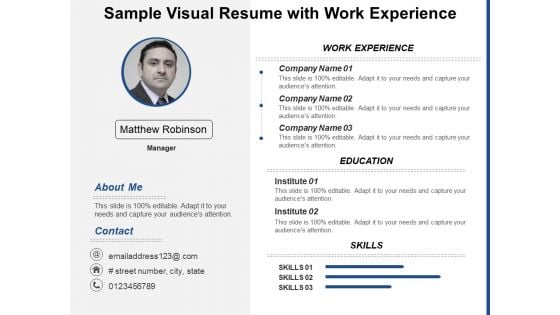 Sample Visual Resume With Work Experience Ppt PowerPoint Presentation Slides Portrait PDF