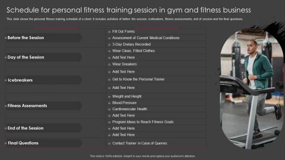Schedule For Personal Fitness Training Session In Gym And Fitness Business Summary PDF