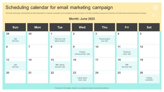 Scheduling Calendar For Email Marketing Campaign Online And Offline Brand Promotion Icons PDF Scheduling Calendar For Email Marketing Campaign Online And Offline Brand Promotion Icons PDF
