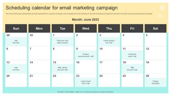 Scheduling Calendar For Email Marketing Campaign Online And Offline Brand Promotion Icons PDF