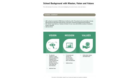 School Background With Mission Vision And Values One Pager Documents School Background With Mission Vision And Values One Pager Documents