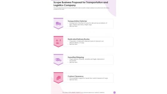 Scope Business Proposal For Transportation And Logistics Company One Pager Sample Example Document Scope Business Proposal For Transportation And Logistics Company One Pager Sample Example Document
