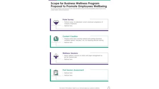 Scope Business Wellness Program Proposal Promote Employees Wellbeing One Pager Sample Example Document