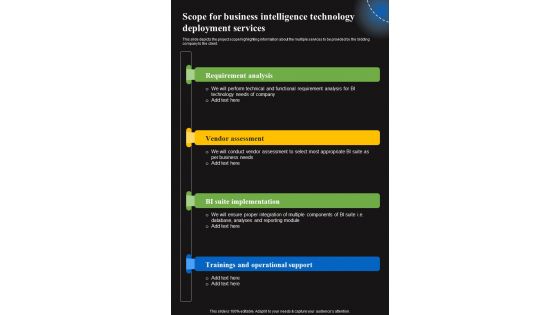 Scope For Business Intelligence Technology Deployment Services One Pager Sample Example Document