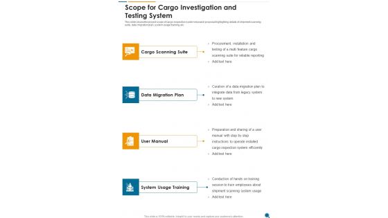 Scope For Cargo Investigation And Testing System One Pager Sample Example Document