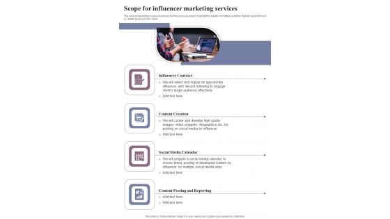 Scope For Influencer Marketing Services One Pager Sample Example Document