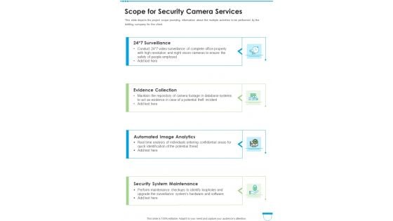 Scope For Security Camera Services One Pager Sample Example Document