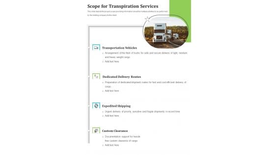 Scope For Transpiration Services One Pager Sample Example Document