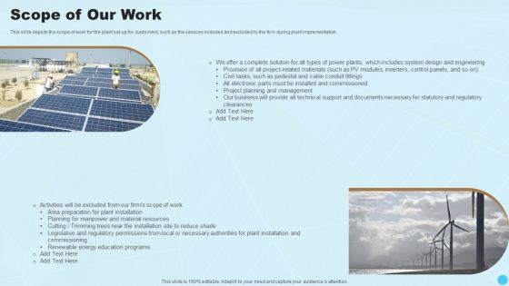 Scope Of Our Work Clean And Renewable Energy Ppt PowerPoint Presentation Slides Demonstration PDF