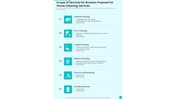 Scope Of Services For Business Proposal For House Cleaning Services One Pager Sample Example Document