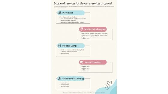 Scope Of Services For Daycare Services Proposal One Pager Sample Example Document