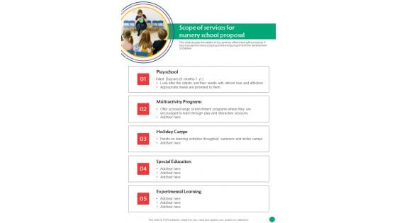 Scope Of Services For Nursery School Proposal One Pager Sample Example Document