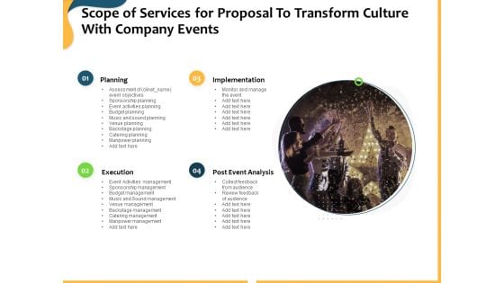 Scope Of Services For Proposal To Transform Culture With Company Events Ppt Ideas Graphics Tutorials PDF