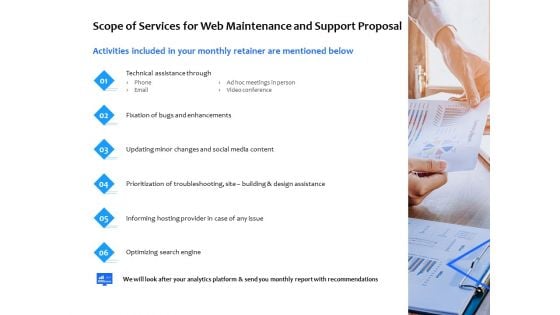 Scope Of Services For Web Maintenance And Support Proposal Ppt PowerPoint Presentation Inspiration Guide