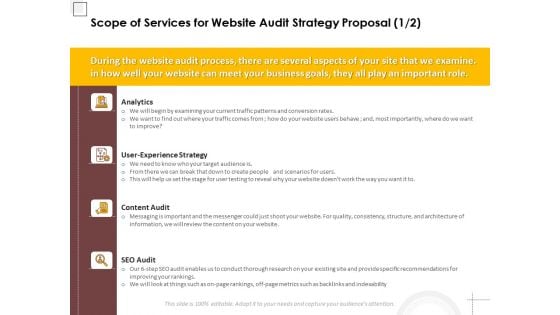 Scope Of Services For Website Audit Strategy Proposal Analytics Ppt PowerPoint Presentation Show Influencers PDF