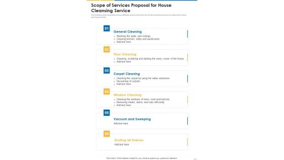Scope Of Services Proposal For House Cleansing Service One Pager Sample Example Document