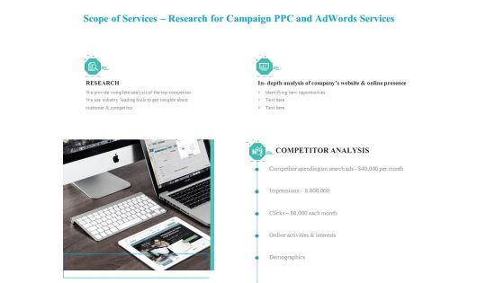 Scope Of Services Research For Campaign PPC And Adwords Services Background PDF