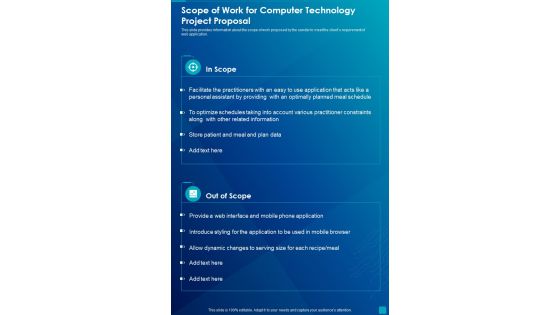 Scope Of Work For Computer Technology Project Proposal One Pager Sample Example Document