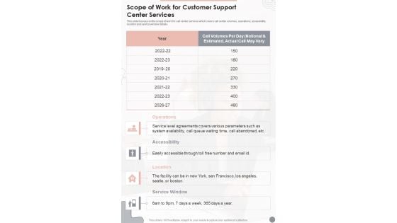 Scope Of Work For Customer Support Center Services One Pager Sample Example Document