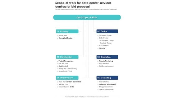 Scope Of Work For Data Center Services Contractor Bid Proposal One Pager Sample Example Document