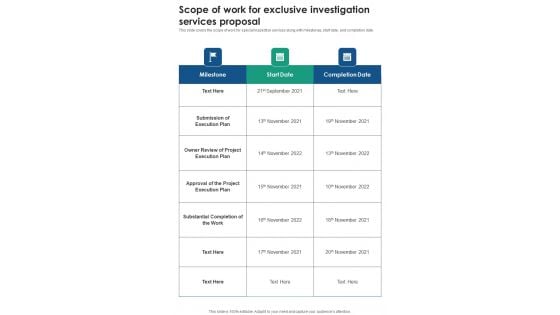 Scope Of Work For Exclusive Investigation Services Proposal One Pager Sample Example Document Scope Of Work For Exclusive Investigation Services Proposal One Pager Sample Example Document