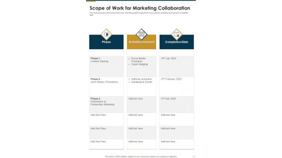 Scope Of Work For Marketing Collaboration One Pager Sample Example Document Scope Of Work For Marketing Collaboration One Pager Sample Example Document