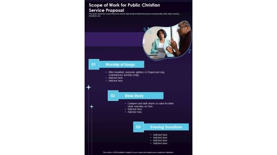 Scope Of Work For Public Christian Service Proposal One Pager Sample Example Document