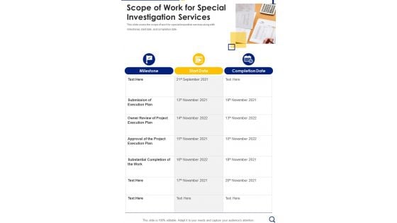 Scope Of Work For Special Investigation Services One Pager Sample Example Document