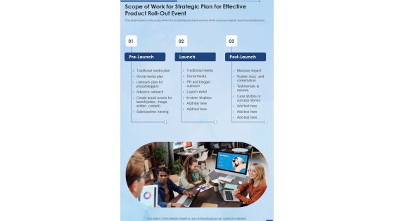 Scope Of Work For Strategic Plan For Effective Product Roll Out Event One Pager Sample Example Document Scope Of Work For Strategic Plan For Effective Product Roll Out Event One Pager Sample Example Document