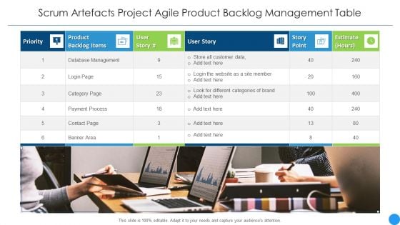 Scrum Artefacts Project Agile Product Backlog Management Table Background PDF