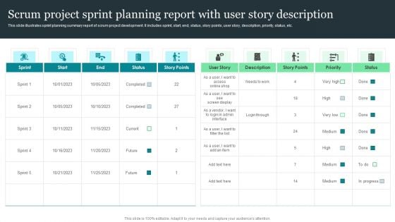 Scrum Project Sprint Planning Report With User Story Description Ideas PDF