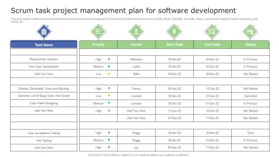 Scrum Task Project Management Plan For Software Development Themes PDF