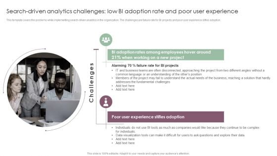 Search Driven Analytics Challenges Low BI Adoption Rate And Poor User Experience Background PDF Search Driven Analytics Challenges Low BI Adoption Rate And Poor User Experience Background PDF