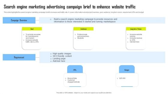 Search Engine Marketing Advertising Campaign Brief To Enhance Website Traffic Icons PDF