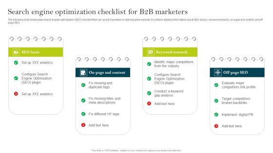 Search Engine Optimization Checklist For B2B Marketers Ppt PowerPoint Presentation File Files PDF