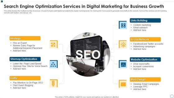 Search Engine Optimization Services In Digital Marketing For Business Growth Ppt Infographic Template Sample PDF