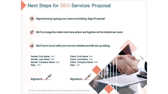 Search Engine Optimization Utilities Next Steps For SEO Services Proposal Diagrams PDF
