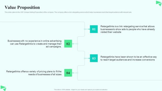 Search Retargeting And Lead Generation Company Elevator Pitch Deck Value Proposition Designs PDF