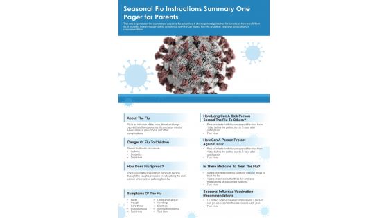 Seasonal Flu Instructions Summary One Pager For Parents PDF Document PPT Template