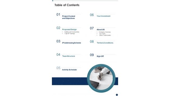 Secure Network Construction Proposal Table Of Contents One Pager Sample Example Document