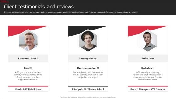 Security Agency Business Profile Client Testimonials And Reviews Inspiration PDF Security Agency Business Profile Client Testimonials And Reviews Inspiration PDF