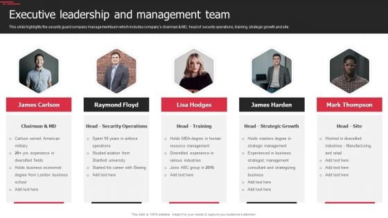 Security Agency Business Profile Executive Leadership And Management Team Elements PDF Security Agency Business Profile Executive Leadership And Management Team Elements PDF