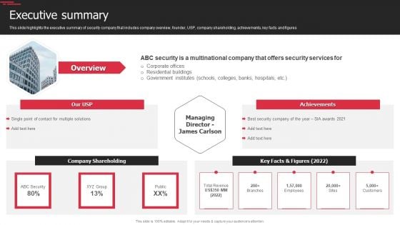 Security Agency Business Profile Executive Summary Graphics PDF